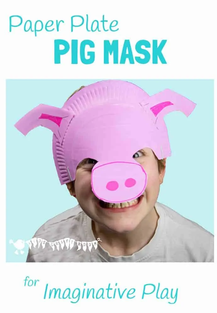 PAPER PLATE PIG MASK This pig craft is fantastic for imaginative play. It sits on the forehead so it's great for kids that don't like full face masks and for glasses wearers too. #kidscraftroom #masks #diymasks #homemademasks #paperplates #paperplatecrafts #paperplatemasks #pigs #pigmasks #pigcostume #pigcrafts #farmcrafts #animalcrafts #kidscrafts #preschool #imaginativeplay #dramaticplay #dressup #dressingup