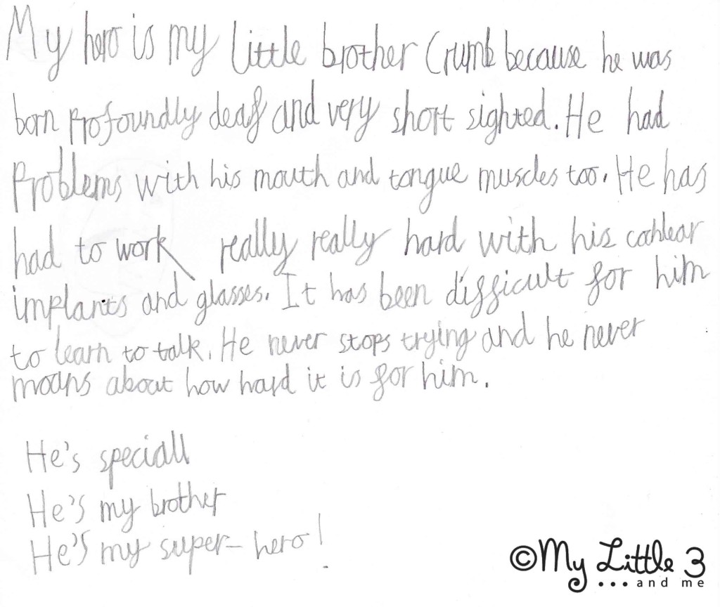Biscuit aged 9 writing about his Super Hero