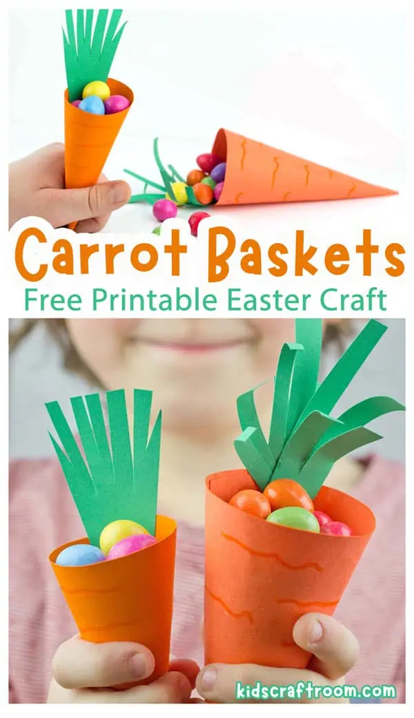 A close up of carrot Easter baskets filled with mini chocolate eggs.