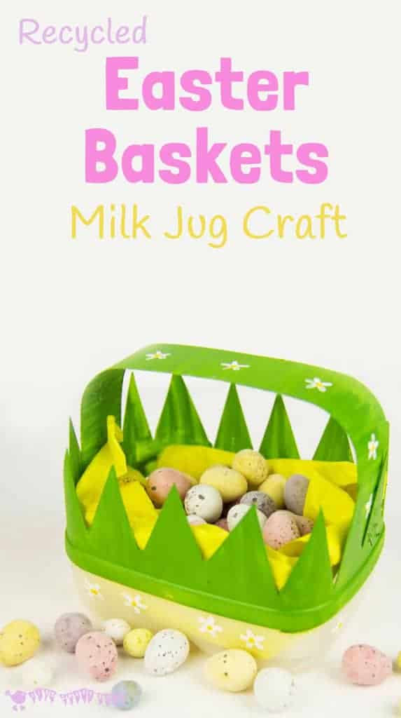 CUTE EASTER BASKETS a recycled milk jug craft. This recycled Easter craft for kids is lots of fun. Homemade Easter baskets to decorate for egg hunts or cute Easter gifts! #easter #easterbasket #easterbaskets #eastercrafts #easterideas #recycledcrafts #kidscrafts #craftsforkids #kidscraftroom #easteregghunts #eastereggs