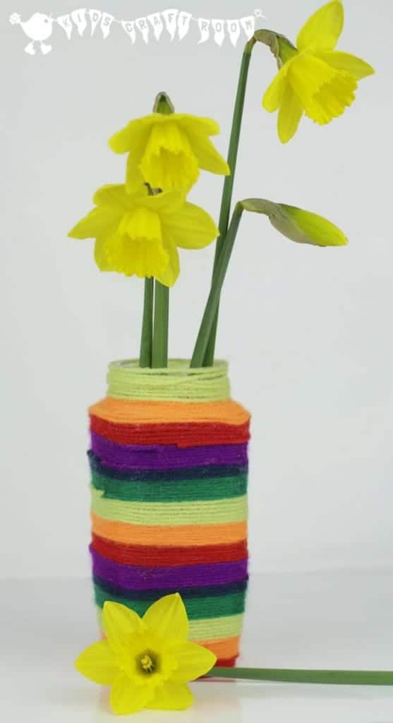 Make a wool wrapped vase. A colourful craft for kids.