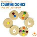 HOMEMADE COUNTING COOKIES MATH GAME - great for early number skills and imaginative play. Easy preschool learning at home. Number recognition, counting and one to one correspondence. #learningthroughplay #earlyyears #preschoolactivities #math #maths #learningactivities #homeschool #ECE #preschool #preK #kidsactivities #counting #numbers #earlylearning #mathgames #mathematics #preschoolers #learningisfun #homeschooling #homeschoolpreschool #imaginativeplay