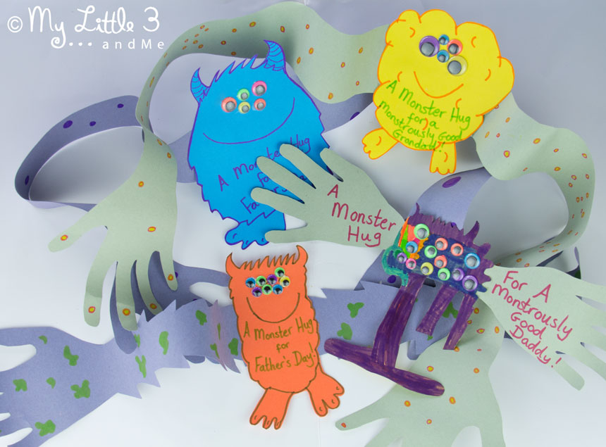 A super cute Father's Day card for the children to make for Daddy. A "Monster Hug" from Daddy's little monster! (mylittle3andme.co.uk)