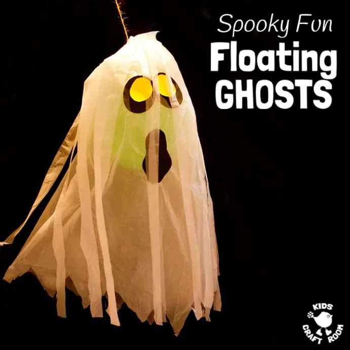 JUMBO FLOATING GHOST CRAFT. These spooky ghosts are easy DIY Halloween decorations for the house or yard. A fun Halloween craft for kids to make and play with. #halloween #halloweendecorations #ghosts #halloweenparty #kids #kidscrafts #kidscraft #spook #ghoul #spectre #halloweenforkids #ghostcrafts #ghostcraft #balloons #ballooncrafts #kidscraftroom