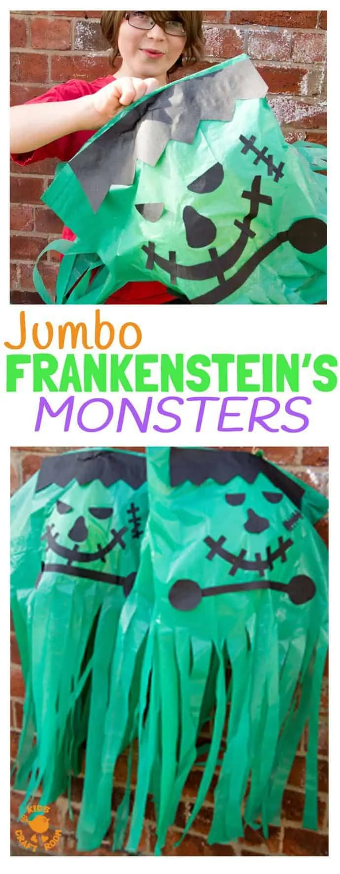 JUMBO FRANKENSTEIN CRAFT - enormous Frankenstein's Monsters are a great Halloween craft for kids. These homemade Halloween decorations will make your house look monstrously creepy!
