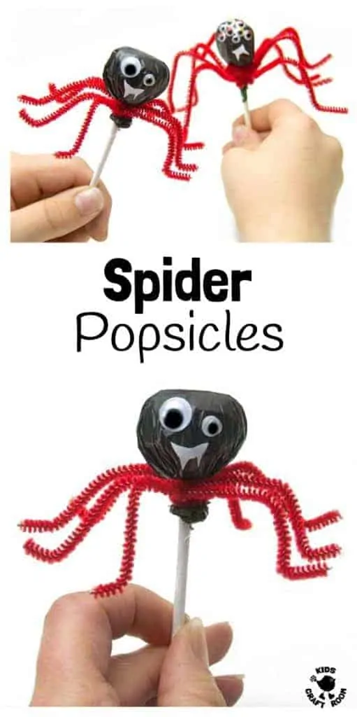 SPIDER SUCKERS - Turn your popsicles into fun Halloween treats. This fun spider craft makes Halloween food super quick and easy! An easy Halloween craft for kids. #Halloween #Halloweenrecipe #spiders #spider #partyfood #halloweentreats #halloweenparty #popsicles #halloweenpopsicles #halloweendecorations #kidscraftroom #lollipops #suckers