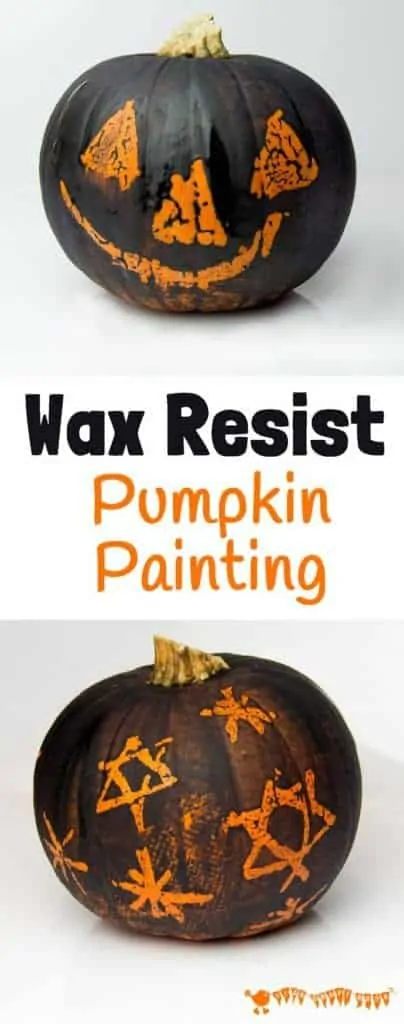 WAX RESIST PUMPKIN PAINTING - A kid friendly pumpkin carving alternative. This decorated pumpkin craft is really easy for kids of all ages. A fun and easy Halloween craft and Fall craft. #halloween #halloweendecorations #halloweencrafts #halloweenforkids #kidshalloween #pumpkin #pumpkincarving #pumpkincarvingalternatives #decoratedpumpkins #naturecrafts #fall #fallcrafts #kidscrafts #kidscraft #craftsforkids #kidscraftroom