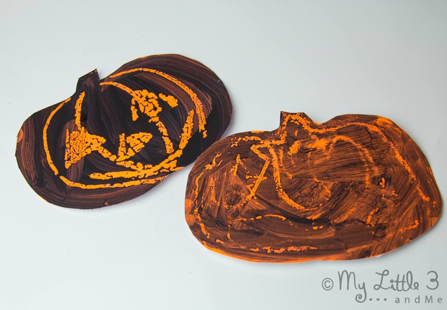 Wax Resist Pumpkins - Top Tip 1 showing two finished designs on paper.