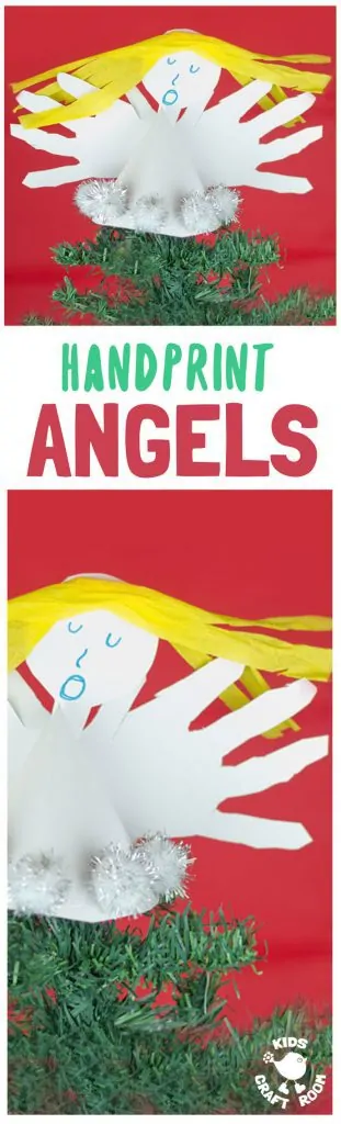 HANDPRINT ANGEL CRAFT- Fun Christmas ornaments for kids to make. These homemade angels look great as tree toppers and are super festive keepsakes too. Who can resist a Christmas handprint craft? #christmas #christmascrafts #angel #angelcrafts #handprint #handprintcrafts #ornaments #christmasornaments #kidscrafts #kidscraftroom