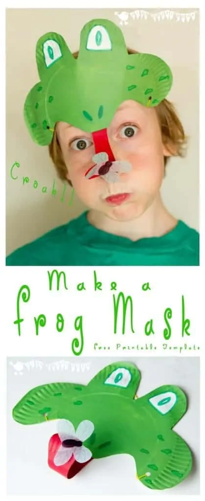 PAPER PLATE FROG MASK - perfect for a Spring and Summer frog craft and play activity for kids. Croak, Croak! Free printable template. #frog #frogcrafts #springcrafts #summercrafts #paperplates #paperplatecrafts #kidscrafts #craftsforkids #kidsactivities #kidscraftroom #masks #dressingup #DIYmasks #spring #frogs