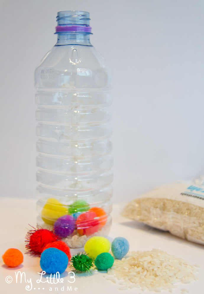 Make a Rainbow Sensory Play Bottle / Musical Shaker, great for all ages. From My Little 3 and Me.