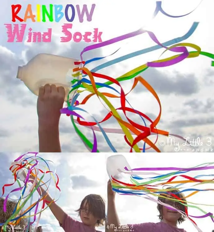 A bright and colourful rainbow windsock craft for kids. Great for outside play and for inspiring physical movement and self expression. A fun kids craft for all ages. #rainbows #windsocks #sensoryplay #sensory #sensoryactivities #outsideplay #play #playideas #rainbowcrafts #stpatricksday #preschool #prek #motorskills