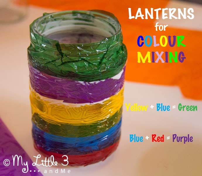 Easy Stained Glass Effect Lanterns, a lovely Autumn/Fall craft for kids and a great way to explore colour mixing. From My Little 3 and Me.