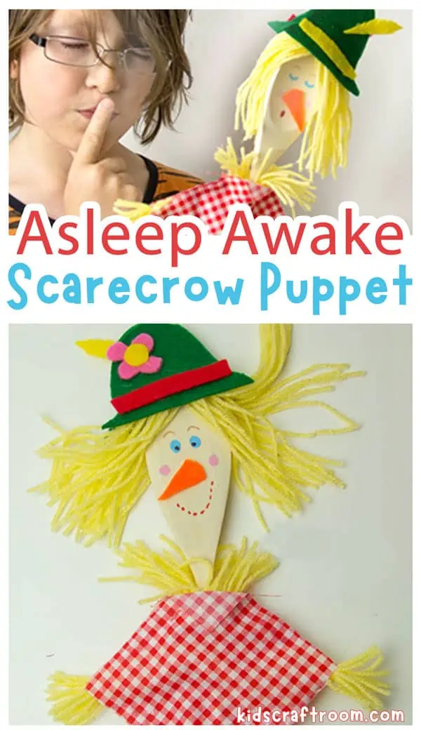 A collage showing the Dingle Dangle Scarecrow Puppet asleep and awake.