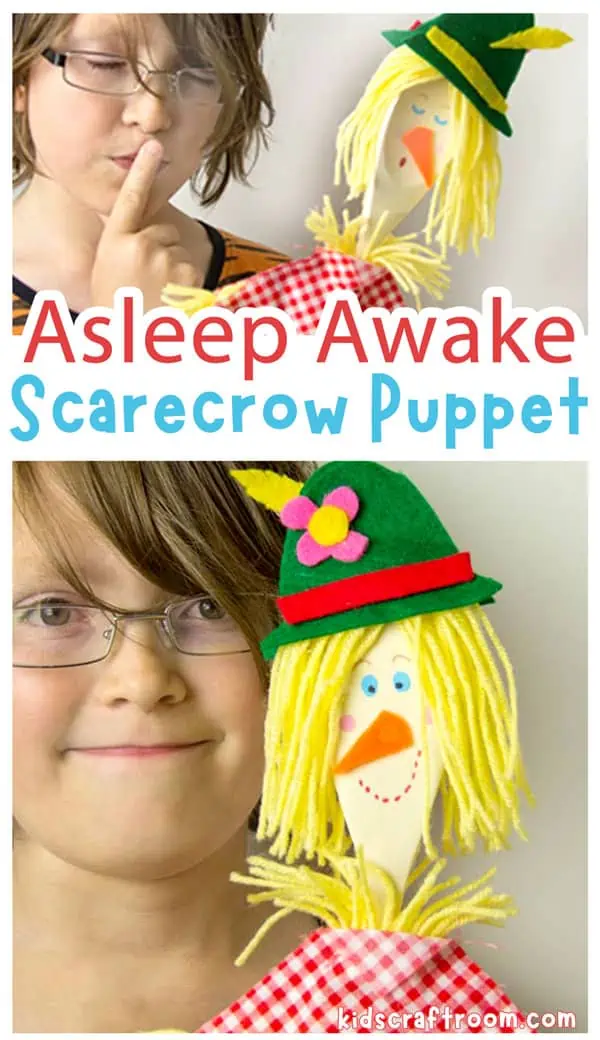 A collage showing a boy holding a wooden spoon scarecrow puppet. One side of the spoon has an awake face and the other side has an asleep face.