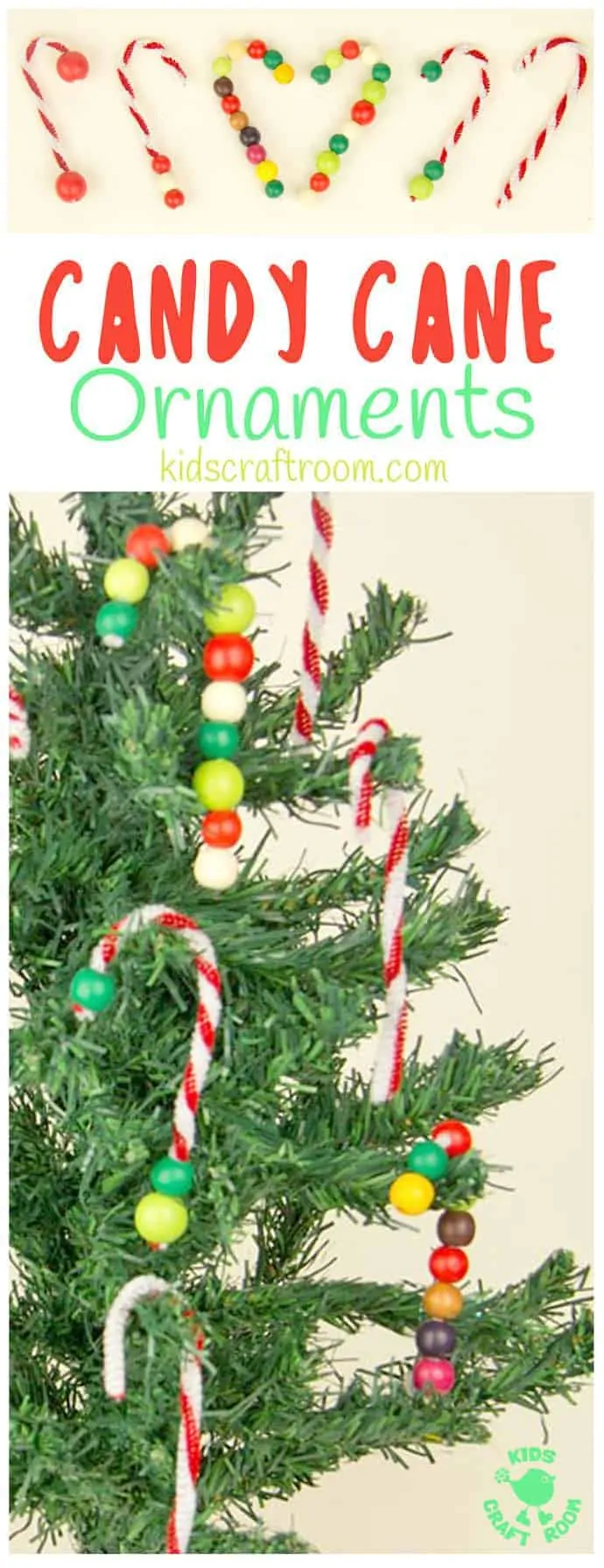 DIY CANDY CANE TREE ORNAMENTS - this pipecleaner and bead Christmas craft for kids is super simple and easy and lots of fun. Make lots of cute candy canes to decorate the Christmas tree. #christmas #christmascrafts #christmascraftsforkids #ornaments #candycane #kidscrafts #kidscrafts101 #kidscraftroom #christmasforkids #kidsactivities #finemotor