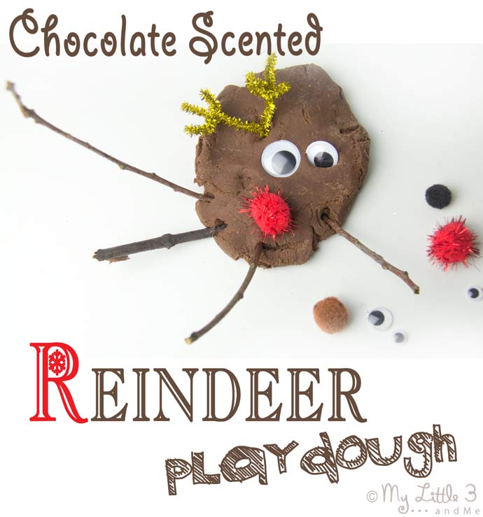 CHOCOLATE SCENTED REINDEER PLAY DOUGH is such a fun Christmas sensory play activity for kids. This no-cook play dough recipe is easy to make and so fun. Add eyes and red noses for an adorable reindeer craft session. #sensoryplay #christmas #sensory #playdough #playdoughrecipe #reindeer #reindeercraft #christmasactivities #christmasforkids #kidscraftroom