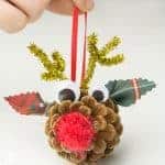 Do you love all things Rudolf? Our homemade Pinecone Reindeer Ornaments are so easy to do and just too cute for words! A fun Christmas reindeer craft for kids. #reindeer #rudolf #christmas #christmascrafts #christmasornaments #ornaments #kidscrafts #pinecones #pineconecrafts #naturecrafts #kidscraftroom