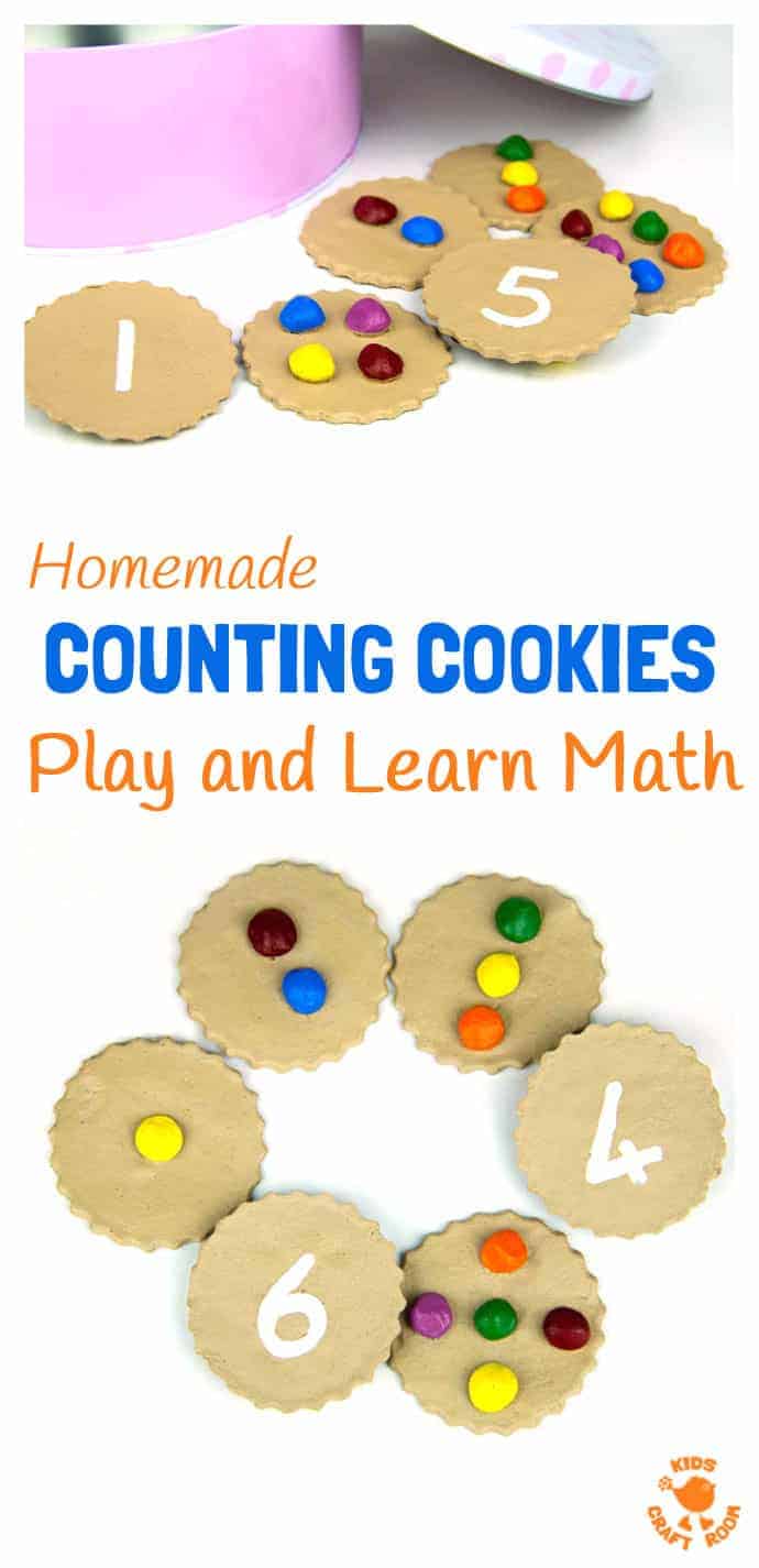 HOMEMADE COUNTING COOKIES MATH GAME - great for early number skills and imaginative play. Easy preschool learning at home. Number recognition, counting and one to one correspondence. #learningthroughplay #earlyyears #preschoolactivities #math #maths #learningactivities #homeschool #ECE #preschool #preK #kidsactivities #counting #numbers #earlylearning #mathgames #mathematics #preschoolers #learningisfun #homeschooling #homeschoolpreschool #imaginativeplay 