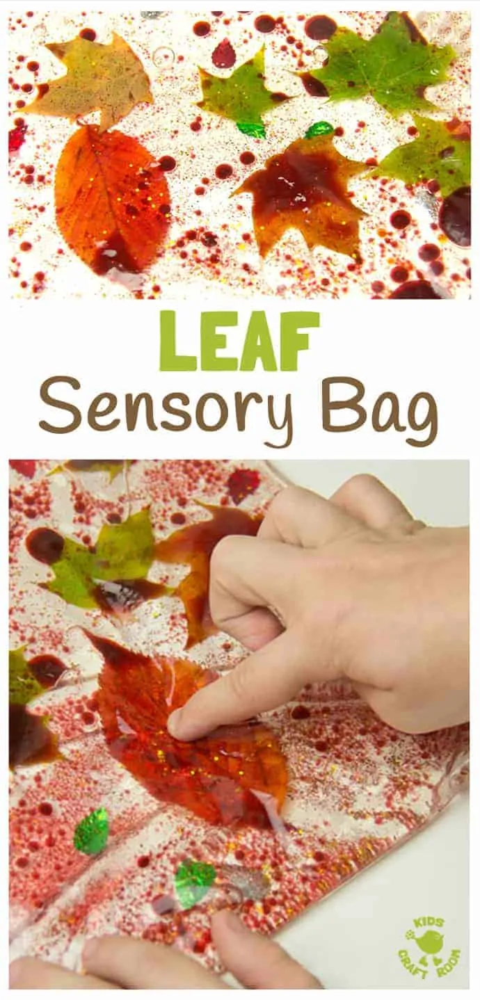 LEAF SENSORY BAGS - a fantastic mess free Autumn sensory play activity for kids. Children will love to explore this sparkly oil, water and leaf Fall activity that engages the senses.