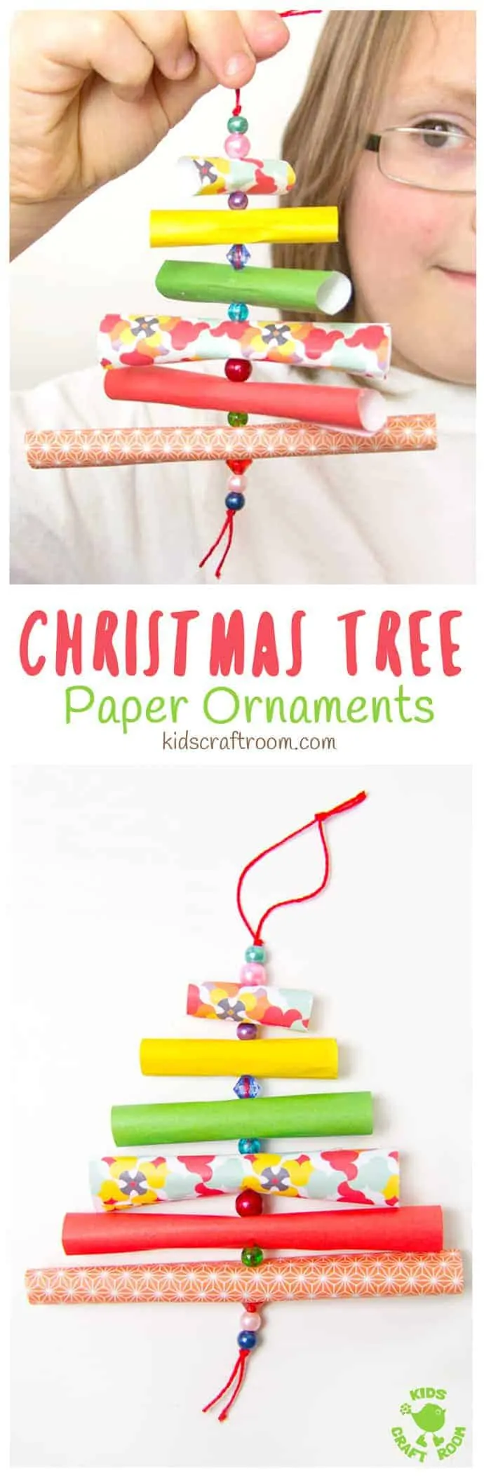 CHRISTMAS TREE PAPER ORNAMENTS - Have fun with paper & beads making adorable homemade Christmas ornaments in the shape of Christmas trees. Pretty enough for grown-ups, simple enough for kids! #christmas #christmascrafts #christmasideas #christmascraftsforkids #christmastree #papercrafts #paper #kidscrafts 