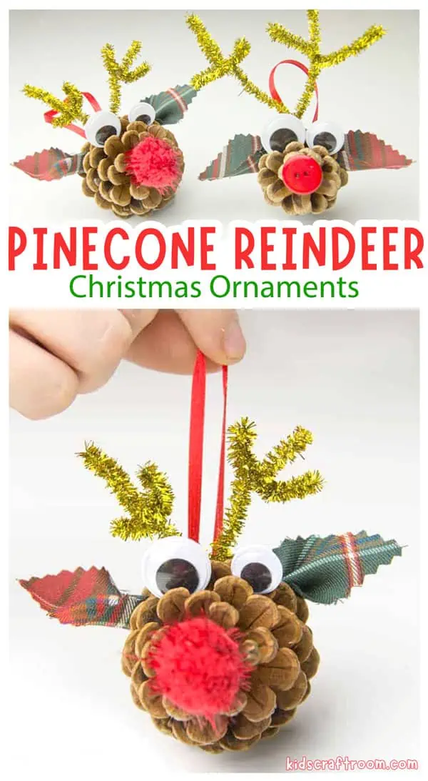 A collage of pinecone reindeer ornaments. The heads are made with pinecones. Fabric ears and pipe cleaner antlers have been stuck on. They have a pom pom nose.