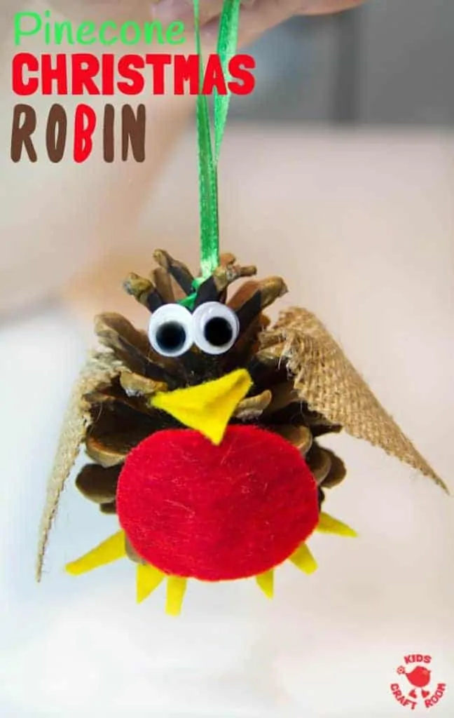 PINECONE ROBIN CHRISTMAS ORNAMENTS - Pinecone Birds are a fun kids craft all year round and at Christmas you can make an adorable pinecone cardinal or robin ornament to hang on the tree. Pinecone crafts are a great way to introduce nature crafts for kids. #christmas #ornaments #christmascrafts #kidscrafts #robin #cardinal #bird #pinecone #naturecrafts #pineconecrafts #kidscraftroom