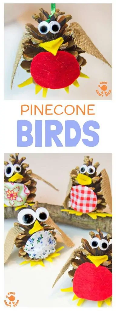 Pinecone Birds are a fun kids craft all year round. At Christmas make an adorable pinecone robin ornament to hang on the tree. Pinecone crafts are a great way to introduce nature crafts for kids.