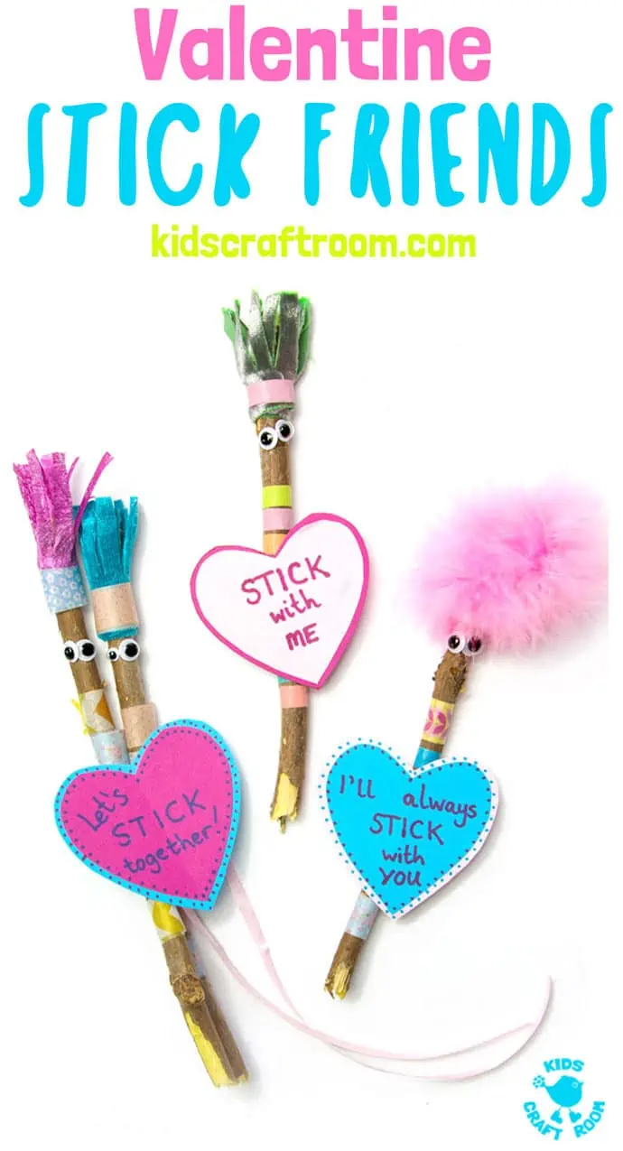 3 Valentine stick friend crafts lying on a white table top.