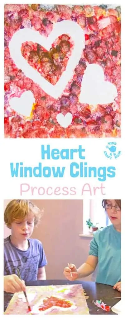 HEART WINDOW CLINGS/SUNCATCHERS Kids from toddlers to tweens will love this fun process art project. It's a gorgeous Valentine's Day craft and perfect for Mother's Day gifts too.