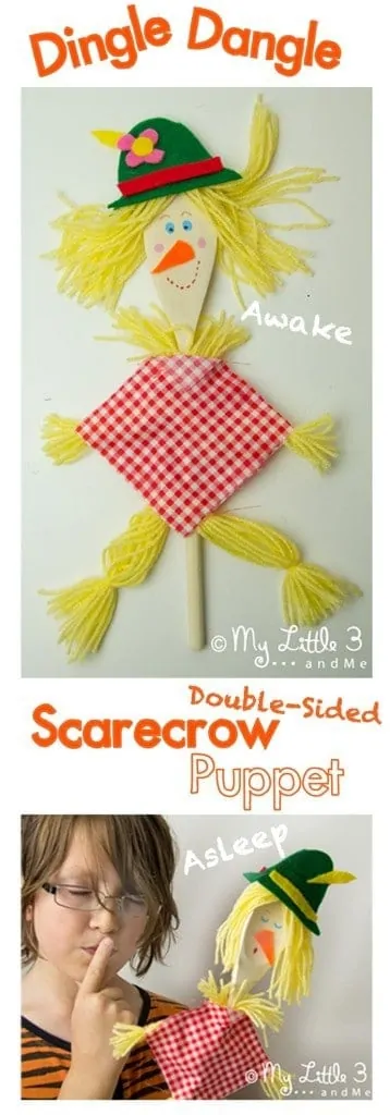 EASY SCARECROW PUPPET - Make an easy no-sew Scarecrow Puppet. This scarecrow craft for kids is great as a Thanksgiving craft, Fall craft or to accompany the Dingle Dangle Scarecrow nursery rhyme song. He's a double sided puppet that sleeps and wakes for super interactive fun! #scarecrow #thanksgiving #puppet #fall #kidscrafts #kidscraft #scarecrowcrafts #puppetideas #woodenspoonpuppet #thanksgivingcrafts #puppetcrafts #kidscraftroom