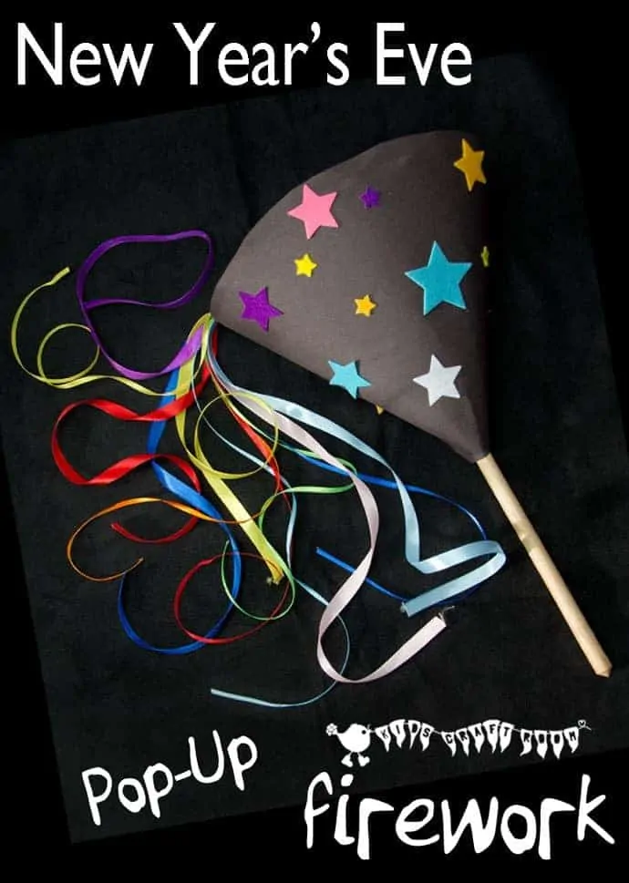A DIY firework toy overlaid with text saying "New Year's Eve Pop-Up Firework".