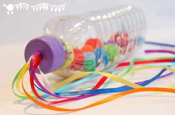Make a Rainbow Sensory Play Bottle / Musical Shaker, great for all ages. From My Little 3 and Me.
