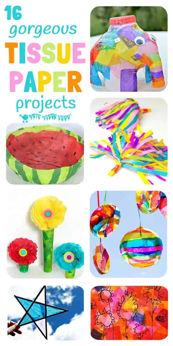 16 of the best tissue paper crafts for kids that will have them exploring and experimenting with this colorful and cheap art resource in a multitude of fun and exciting ways. #tissuepaper #tissuepapercrafts #papercrafts #summercrafts #springcrafts #kidscrafts #craftsforkids #kidsactivities #kidscraftroom