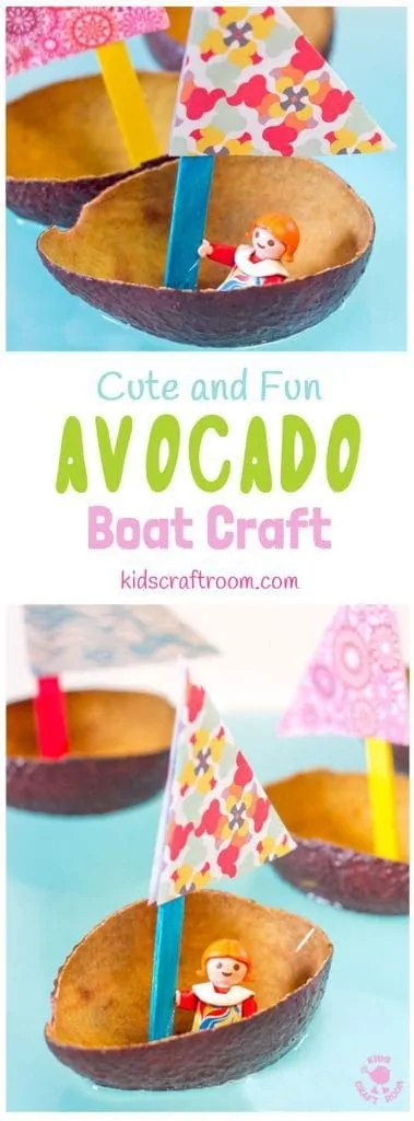 CUTE AVOCADO BOAT CRAFT FOR KIDS. Homemade boat crafts for kids encourage imaginative play where small world play figures can sail around the wading pool or bath. Learn about floating, sinking, buoyancy and weight bearing. A fun boat craft for Spring and Summer. #boat #boatcrafts #homemadeboats #paperboats #kidscrafts #craftsforkids #waterplay #kidscraftroom #toyboats #springcrafts #summercrafts