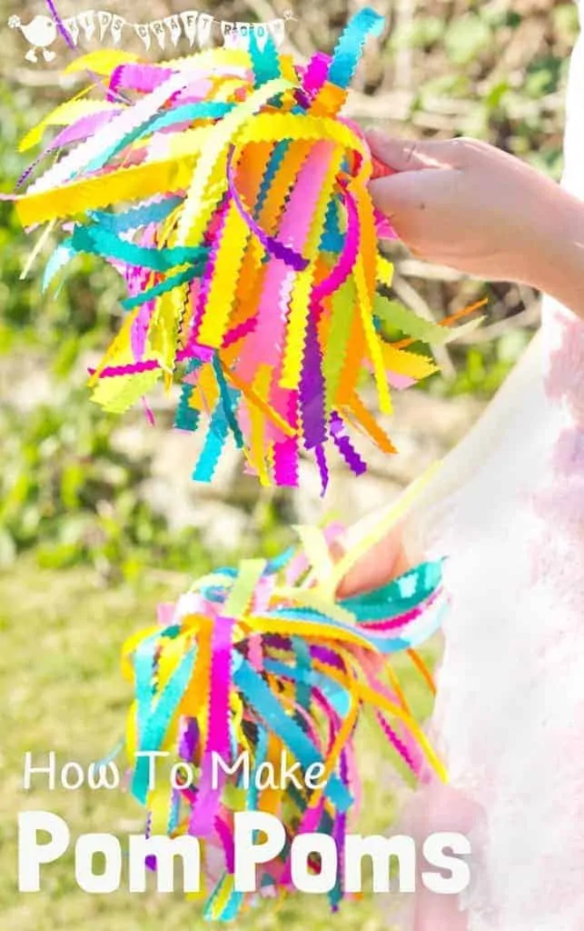 See how to make colourful pom poms for your budding dancer or cheerleader. A great kids craft to inspire creativity and self expression and develop gross motor skills.