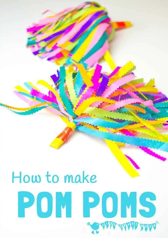 CHEERLEADER POM POMS - See how to make pom poms for your budding dancer or cheerleader. A colourful kids craft to inspire creativity and self expression and develop gross motor skills. #pompoms #papercrafts #cheerleader #cheerpompoms #cheerleaderpompoms #kidscrafts #craftsforkids #kidsactivities #kidscraftroom