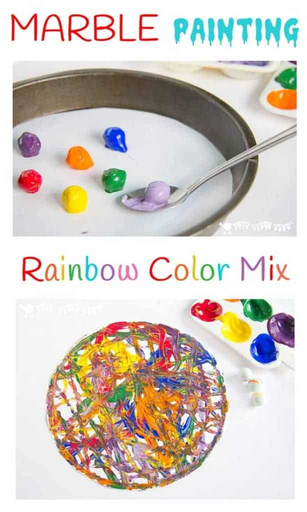 Have fun creating dynamic art with colorful marble painting. Kids will love experimenting with painting and color mixing in a new and physical way.