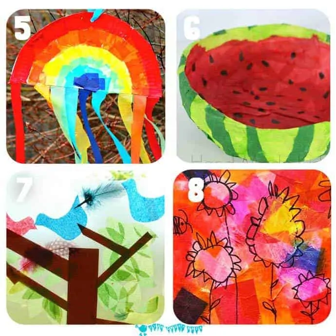 16 of the best tissue paper crafts for kids that will have them exploring and experimenting with this colorful and cheap art resource in a multitude of exciting and fun ways.