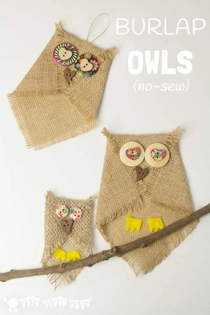 BUTTON AND BURLAP OWL CRAFT - Adorable no-sew burlap craft. An easy owl craft for kids and grown ups that can be used to make lots of lovely unique homemade owl gifts or owl ornaments. Who can resist a cute button craft? #owlcrafts #burlapcrafts #buttoncrafts #owls #kidscrafts #Fallcrafts #easycrafts #craftsforkids