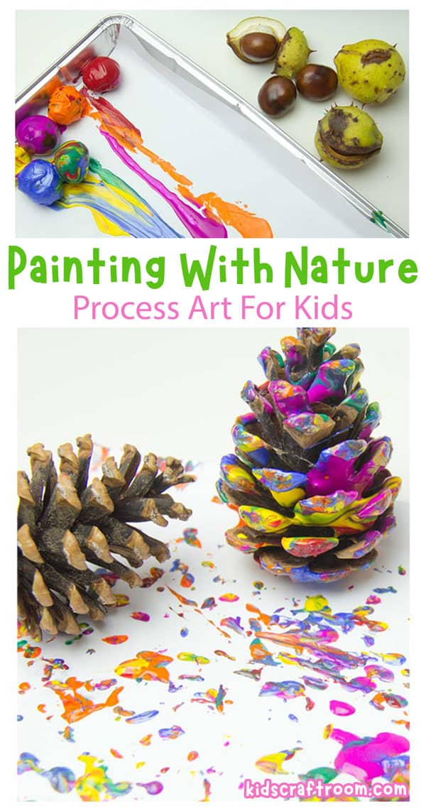 Two examples of painting with nature. One using conkers and one using pinecones.
