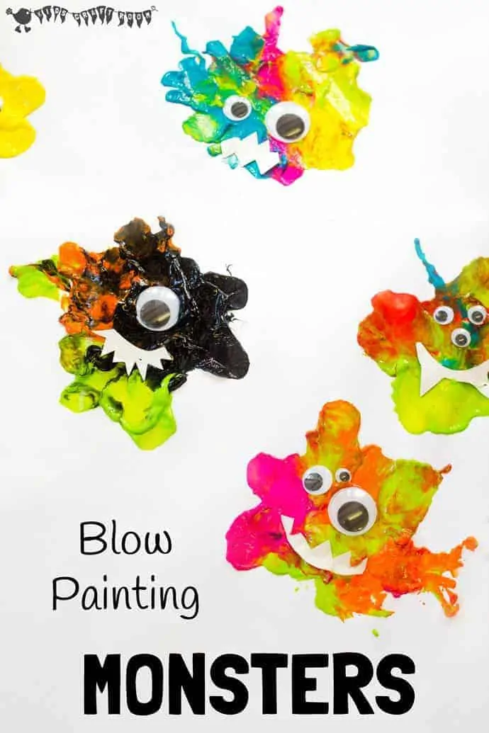 A selection of Blow Painting Monsters in different shapes and colours.