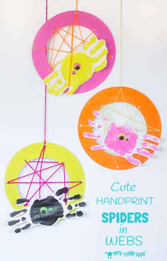Handprint Spiders In Webs are easy & frugal to make and a super way to build fine motor threading skills. A fun spider craft for Halloween & all year round. #spiders #spidercrafts #paperplate #paperplatecrafts #insectcrafts #animalcrafts #kidscrafts #craftsforkids #kidsactivities #kidscraftroom #finemotorskills #motorskills #threading #sewing #handprintcrafts #handprints #halloween #halloweencrafts