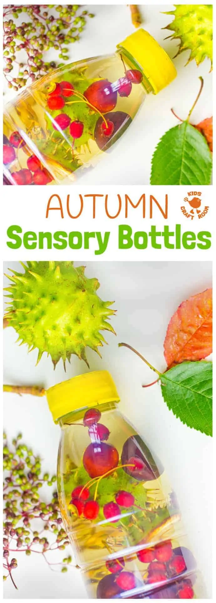 FALL SENSORY BOTTLES - Let babies and toddlers explore the colours, sounds, shapes and patterns of Fall/Autumn safely with attractive homemade autumn sensory bottles. Seasonal sensory play with discovery bottles for little hands.