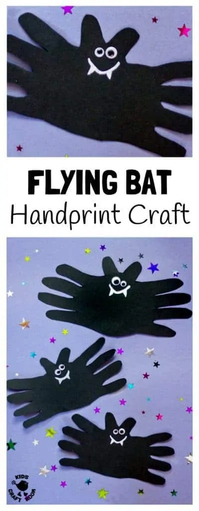 HALLOWEEN BAT HANDPRINT CRAFT for kids, so cute and cheeky! A great Halloween craft and Halloween decoration or how about sticking them on greeting cards? Add some elastic and turn your bat craft into a flying bat toy for kids to play with! #halloween #halloweencrafts #halloweencraft #bat #bats #batcrafts #handprint #handprintcrafts #halloweendecorations #kidscrafts #kidscraft #kidscraftroom