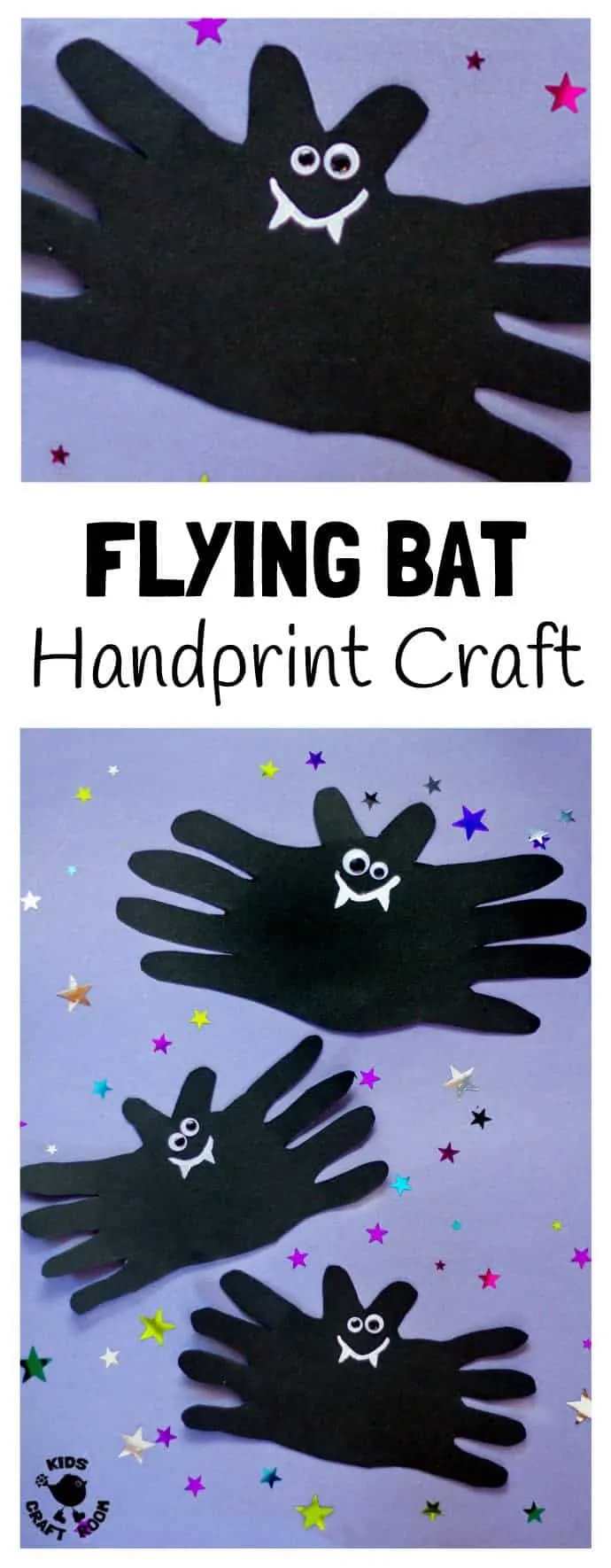 Four different sized Halloween bat crafts. Each is made from black paper and handprints. The fingers make the wings and the thumbs make the ears.