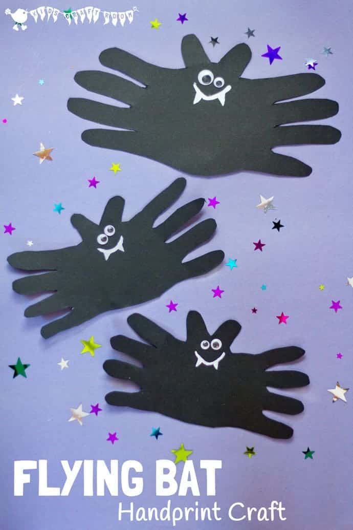 A cute and cheeky Halloween Bat handprint craft for kids. Great for Halloween party decorations, greeting cards or even as a bat toy for kids to play with.