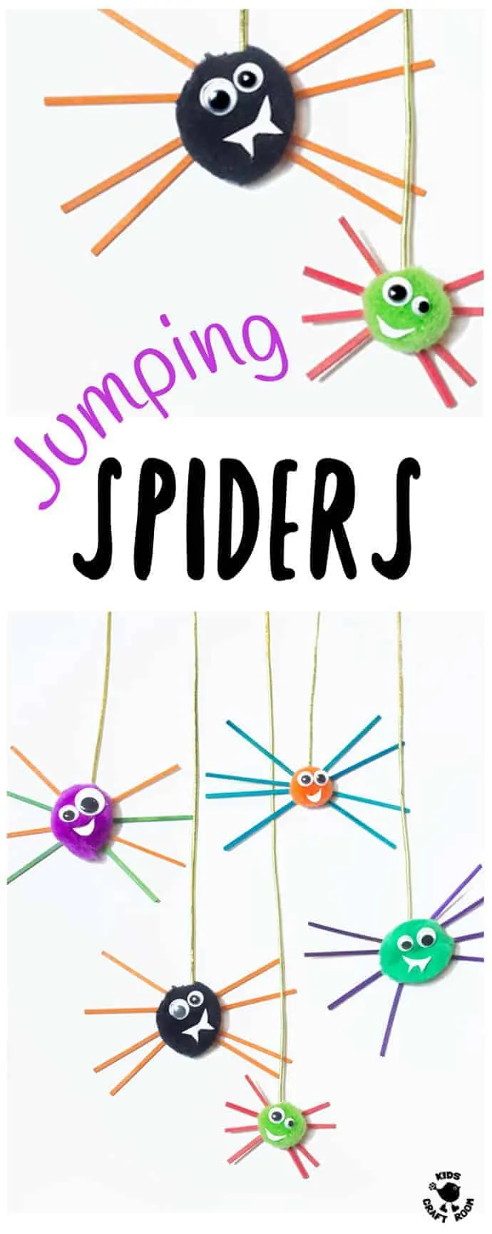 A collage of lots of different jumping spiders made from pom poms with matchstick legs and hung on elastic.