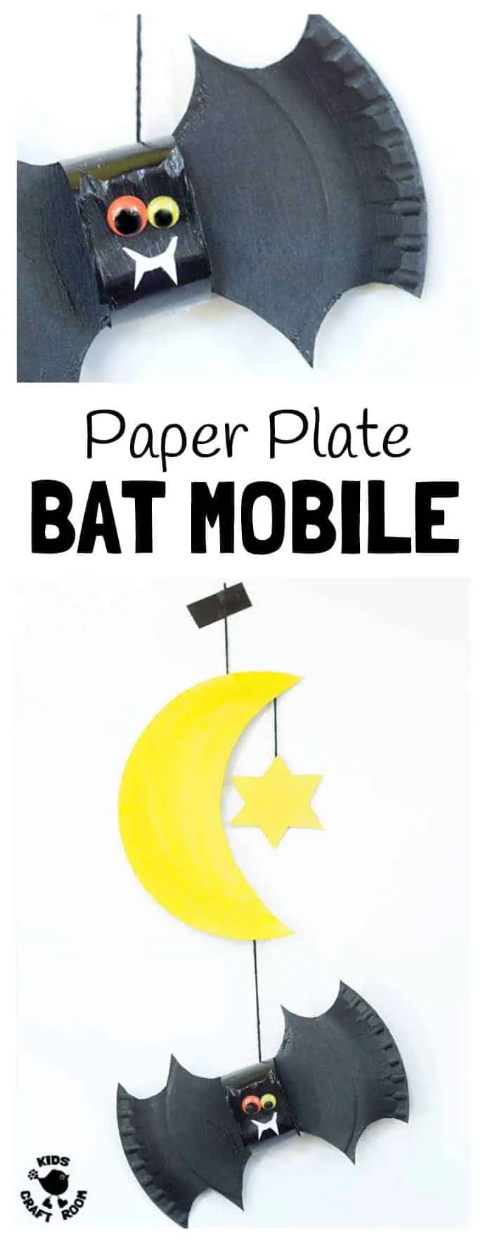 A Close up of a paper plate bat craft with a bat mobile beneath it.