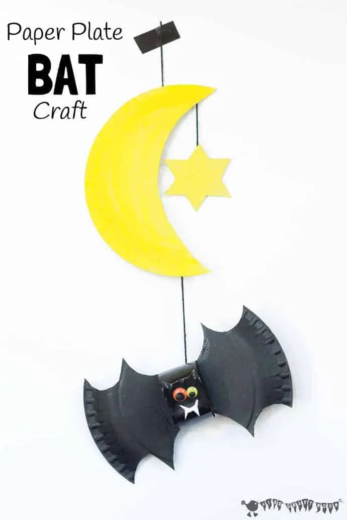 A close up of a Paper Plate Bat Craft And Mobile.